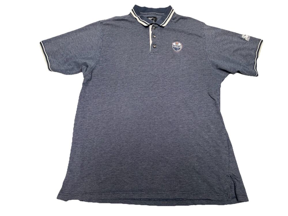 Vintage Starter Blue Edmonton Oilers NHL Polo Shirt Men's Size XL Sewn Logo